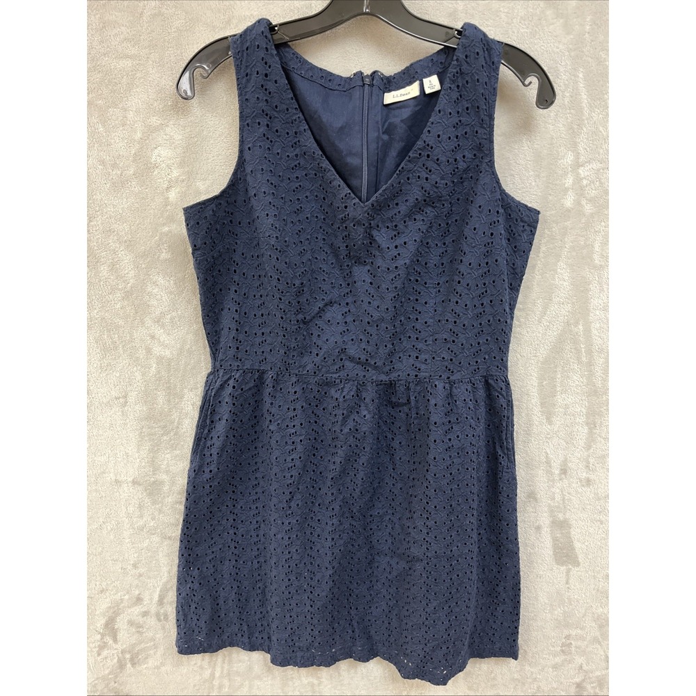 LL Bean Dress Women's 8 Dark Navy Blue Eyelet Cotton Nautical A Line V Neck